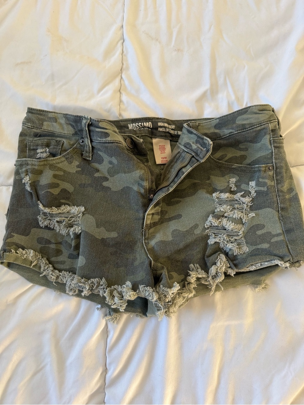 American Eagle Olive Camo Distressed Denim Shorts